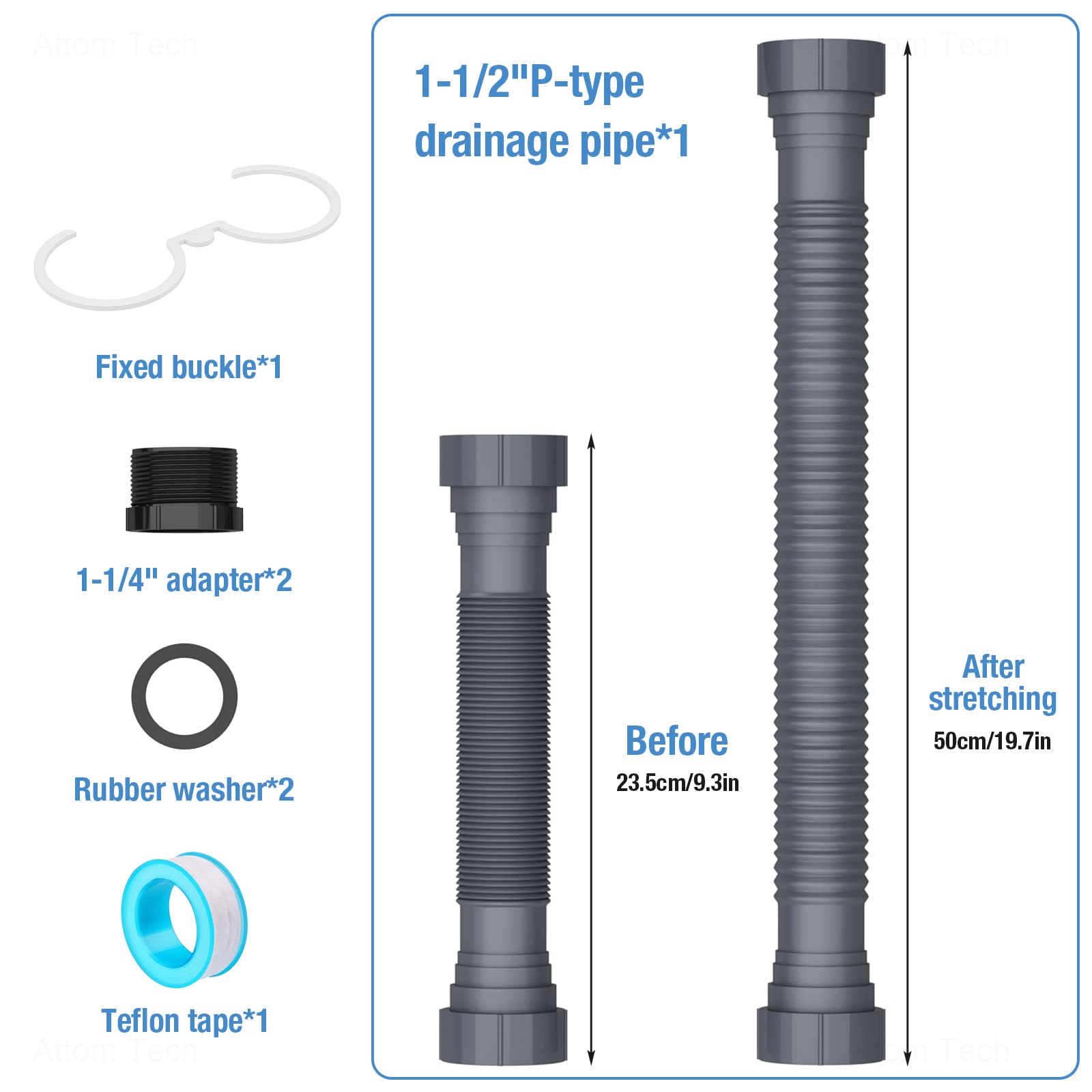 Nihome Expandable Flexible 1 1/2'' Or 1 1/4'' P-Trap Pipe For Single Kitchen Sink, With Adapter Sealing Ring Tape Drain Tubing P